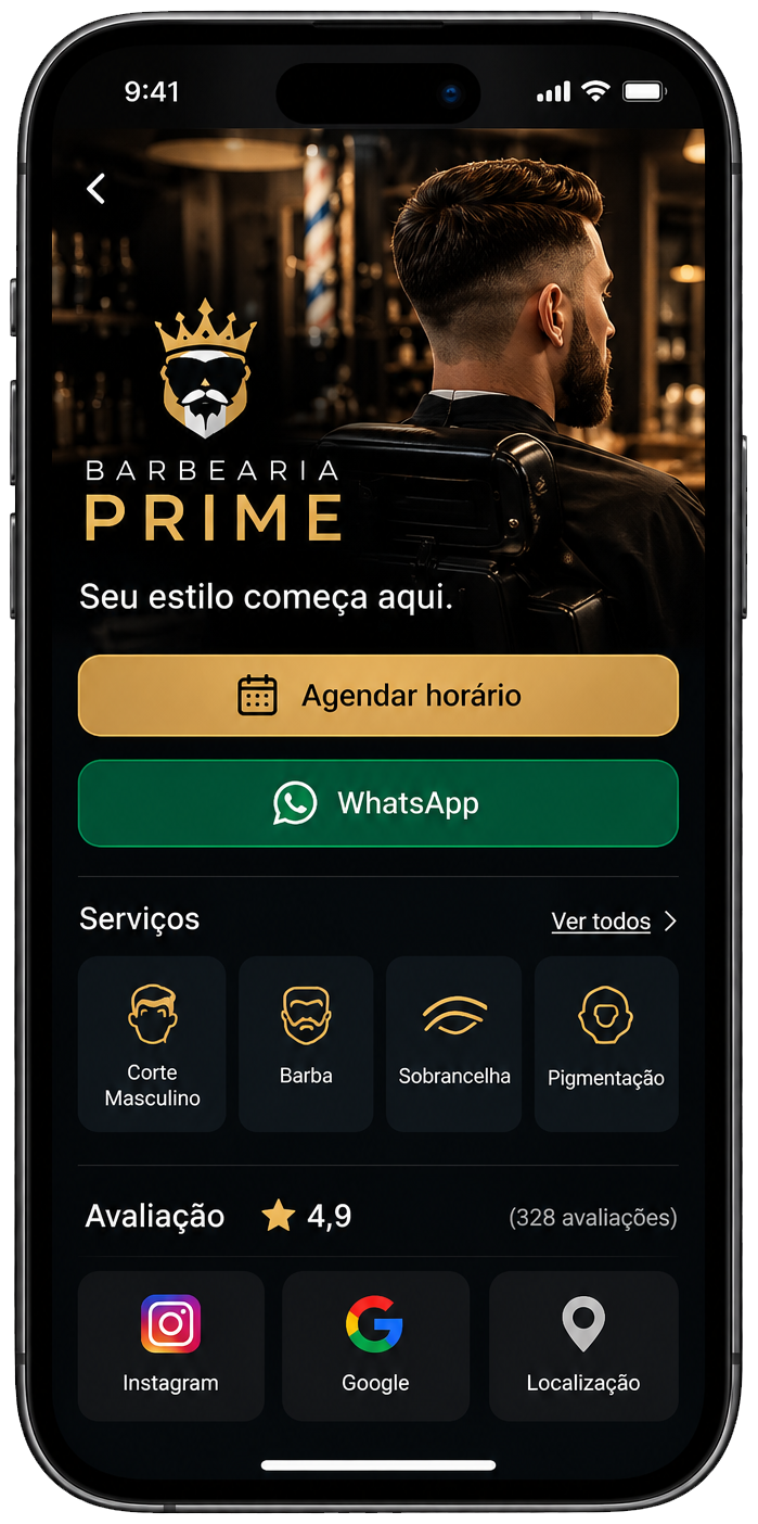 Prévia da página digital da Barbearia Prime em um celular
