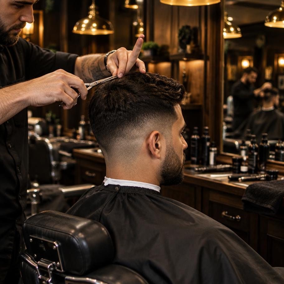 Barbeiro finalizando corte masculino na Barbearia Prime