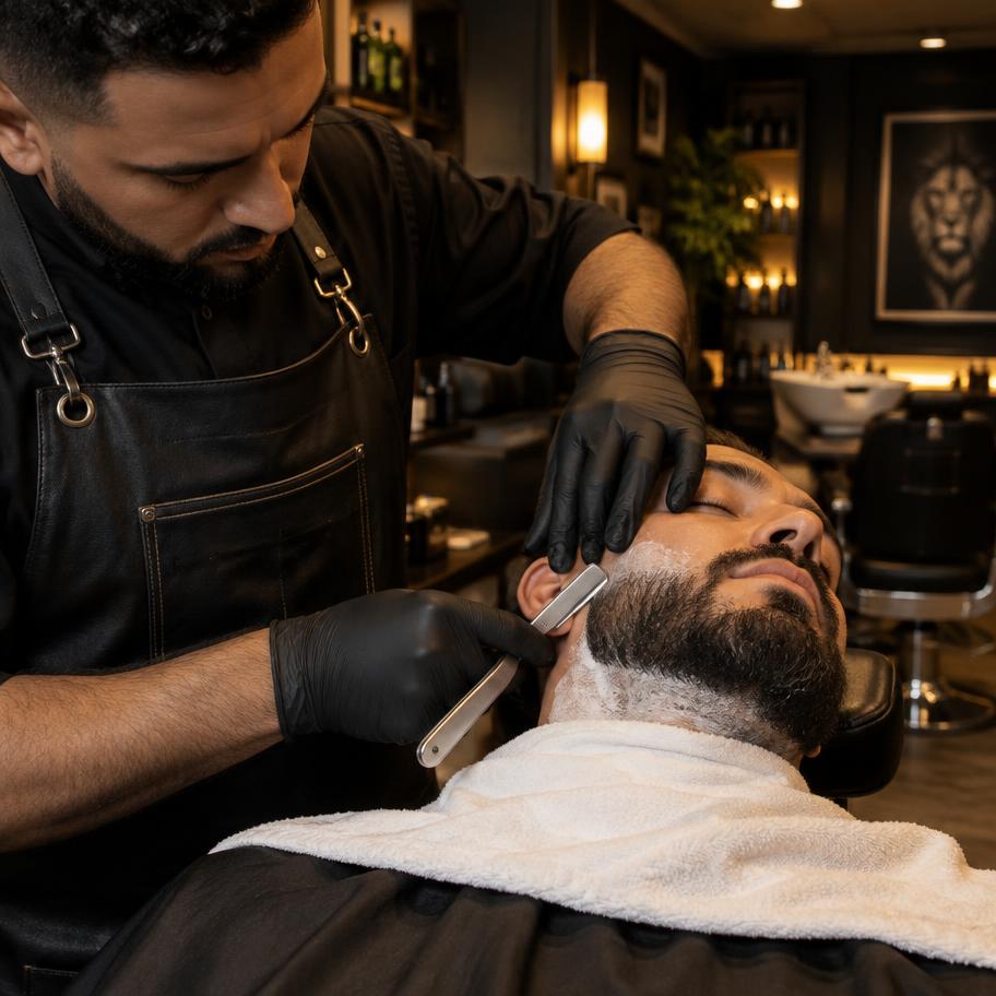 Barbeiro cuidando da barba de um cliente